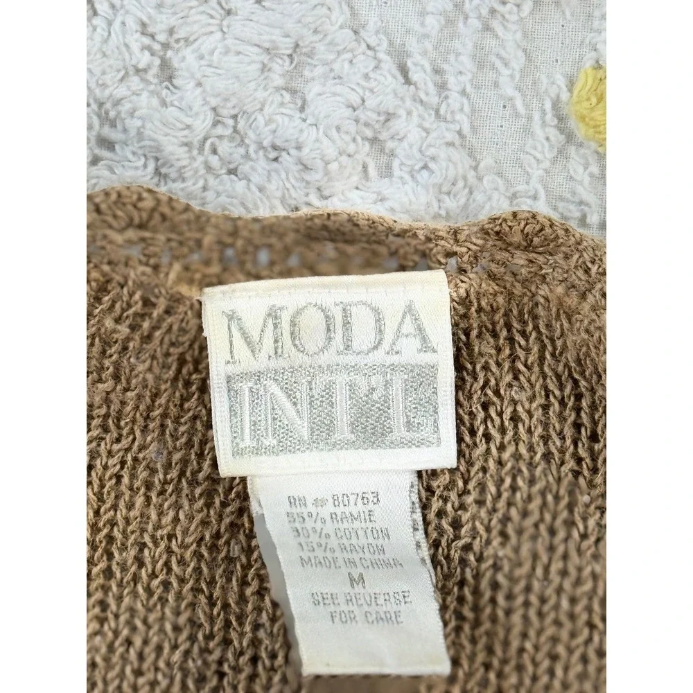 MODA INTL Tan Crochet Knit Button Up‎ Cardigan Sweater Top Women's Medium - Picture 4 of 8